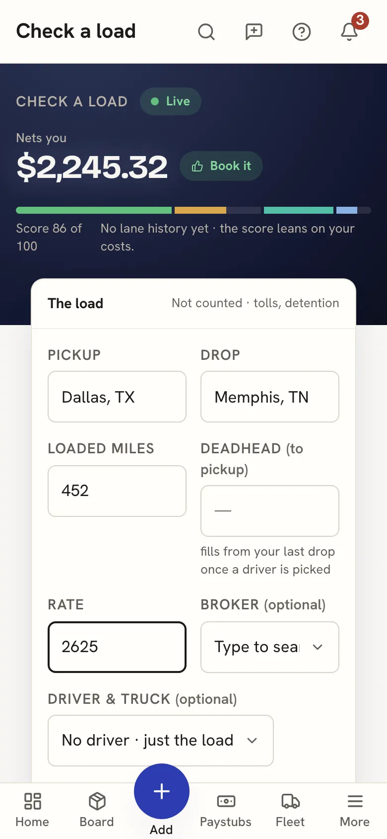 The same check one-handed on the phone: net, verdict and the score bar over the load inputs