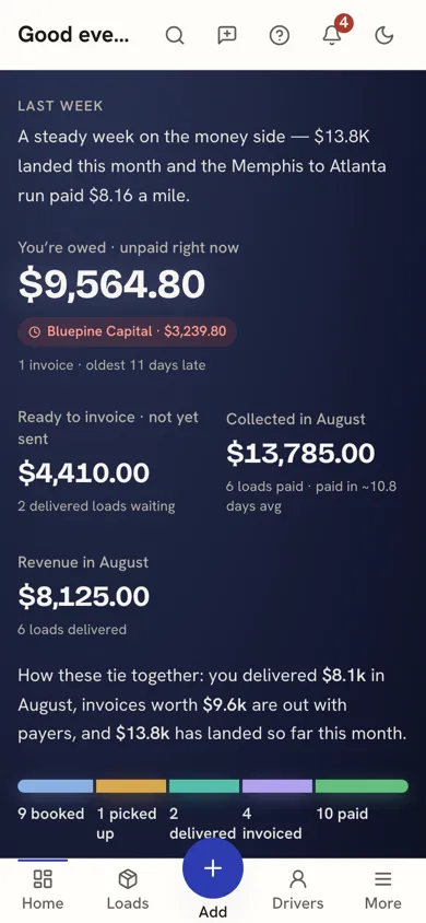 The dashboard on the phone: you're owed, ready to invoice, and the week