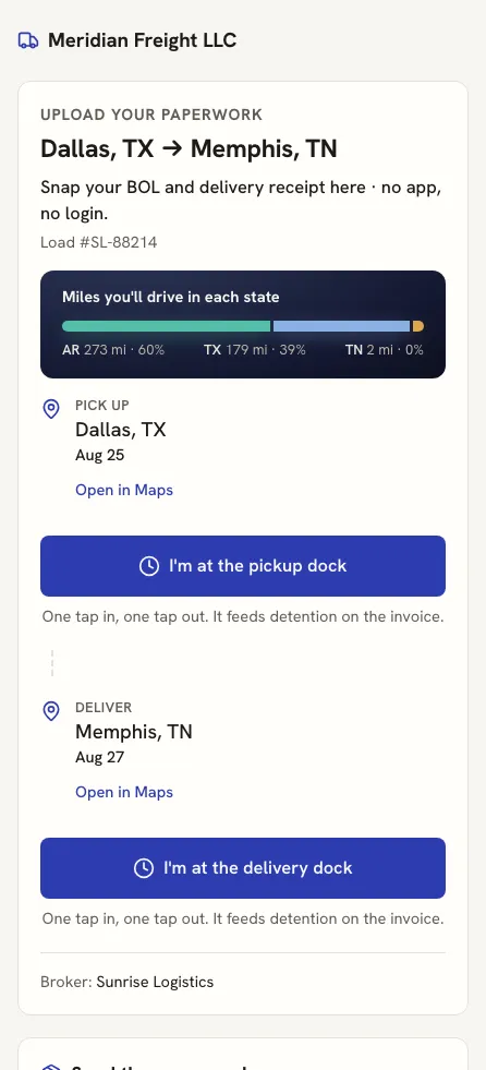 The driver link on a phone: the lane, the route map, miles by state, pickup and delivery stops, and the paperwork upload — no login, no rates