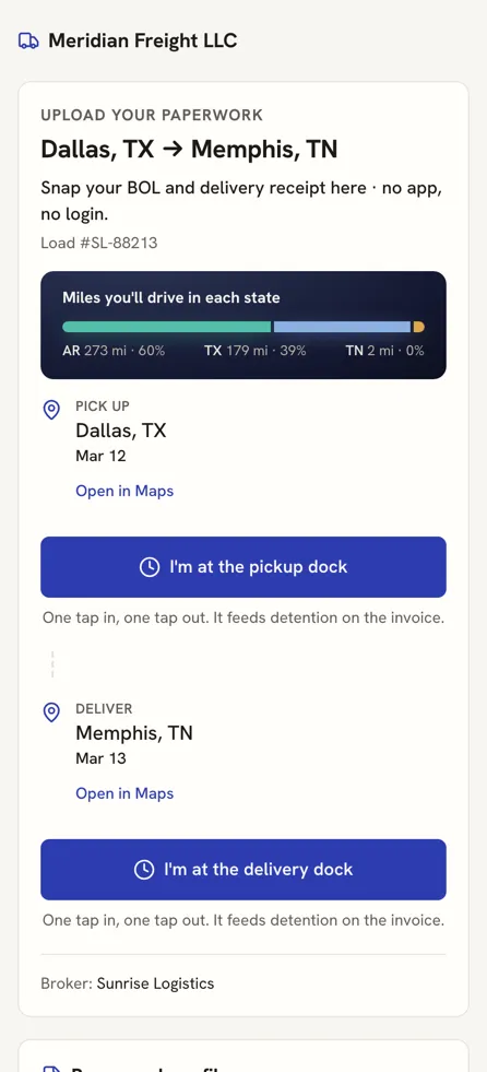 The driver link on a phone: the lane, the route map, miles by state, pickup and delivery stops, and the paperwork upload — no login, no rates