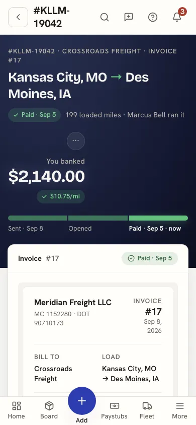 A load on the phone: lane, pay, per-mile rate and the booked-to-paid pipeline