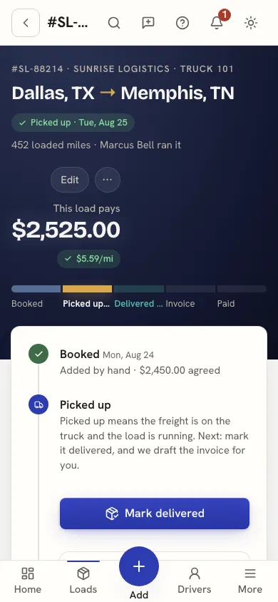 A load on the phone: lane, pay, per-mile rate and the booked-to-paid pipeline