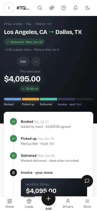 A load on the phone: lane, pay, per-mile rate and the booked-to-paid pipeline