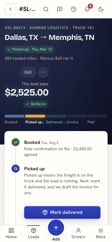 A load on the phone: lane, pay, per-mile rate and the booked-to-paid pipeline